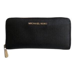Michael Kors Classic Chic Black Saffiano Leather Zip Wallet Gold Hardware